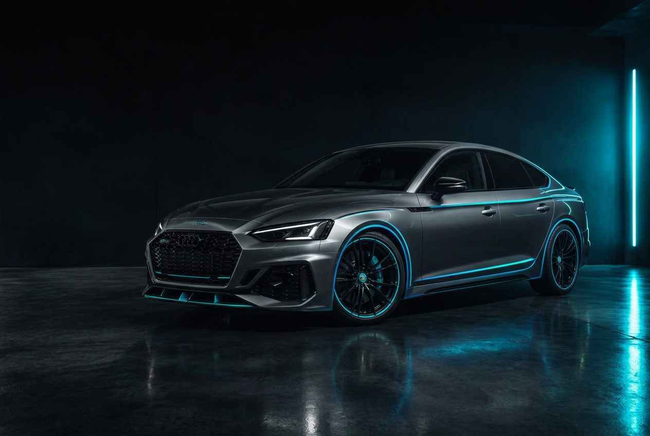 Dark sports sedan in a minimal garage